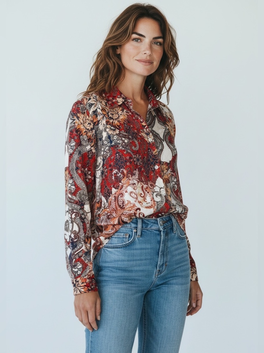 Women’s Chico’s Size 2 Paisley Floral Button-Up Blouse Long Sleeve Colorful